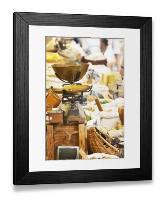 Framed Print : Spice seller at a market. An old fashioned scale to weigh the spices. Collioure. Roussillon Framed Print : Spice seller at a market. An old fashioned scale to weigh the spices. Collioure. Roussillon