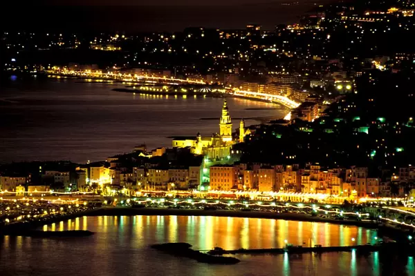 Europe, France, Cote D Azur, Menton. Town view at night