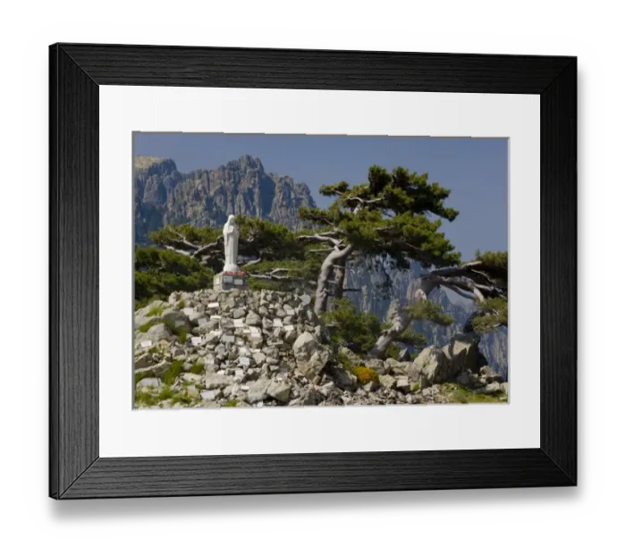 Framed Print : Corsica. France. Europe. Wind-shaped laricio pines & shrine to Our Lady of the Snows Framed Print : Corsica. France. Europe. Wind-shaped laricio pines & shrine to Our Lady of the Snows