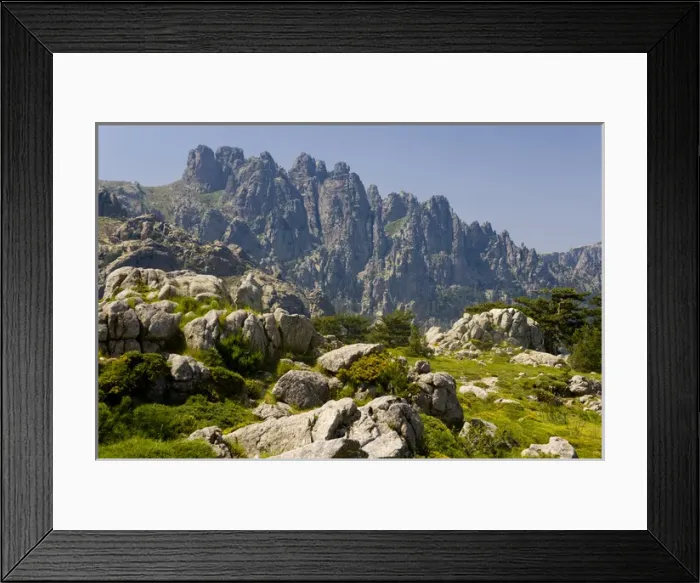 Framed Print : Corsica. France. Europe. Granite boulders, gorse in bloom, and pinnacles of Aiguilles de Bavella