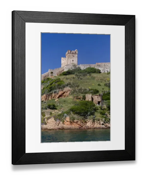 Framed Print : Corsica. France. Europe. Genoese tower & fort at Girolata. Girolata is accessible Framed Print : Corsica. France. Europe. Genoese tower & fort at Girolata. Girolata is accessible