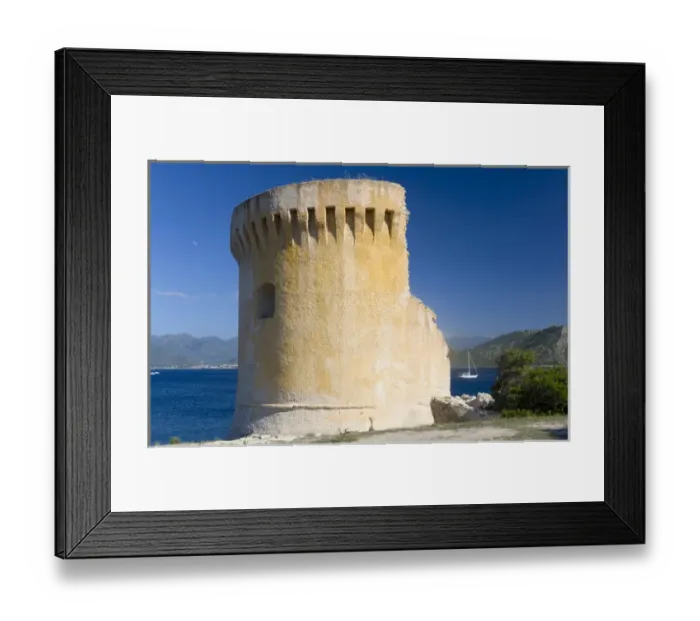 Framed Print : Corsica. France. Europe. Ruins of Genoese tower on Point Mortella (Punta Mortella) Framed Print : Corsica. France. Europe. Ruins of Genoese tower on Point Mortella (Punta Mortella)