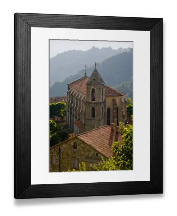 Framed Print : Corsica. France. Europe. Church & house in mountain village of Zicavo above gorge of Molina River Framed Print : Corsica. France. Europe. Church & house in mountain village of Zicavo above gorge of Molina River