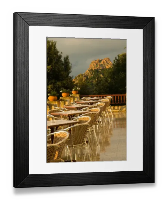 Framed Print : Europe, France, Corsica, Piana. Elegant outdoor dining option at Hotel des Roches Rouges