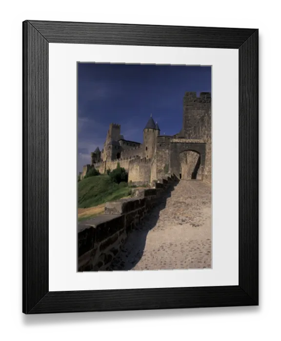 Framed Print : France, Languedoc, Aude, Carcassone Medieval city walls from the West - late afternoon