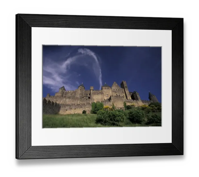 Framed Print : France, Languedoc, Aude, Carcassonne Medieval city walls from the West - late Framed Print : France, Languedoc, Aude, Carcassonne Medieval city walls from the West - late