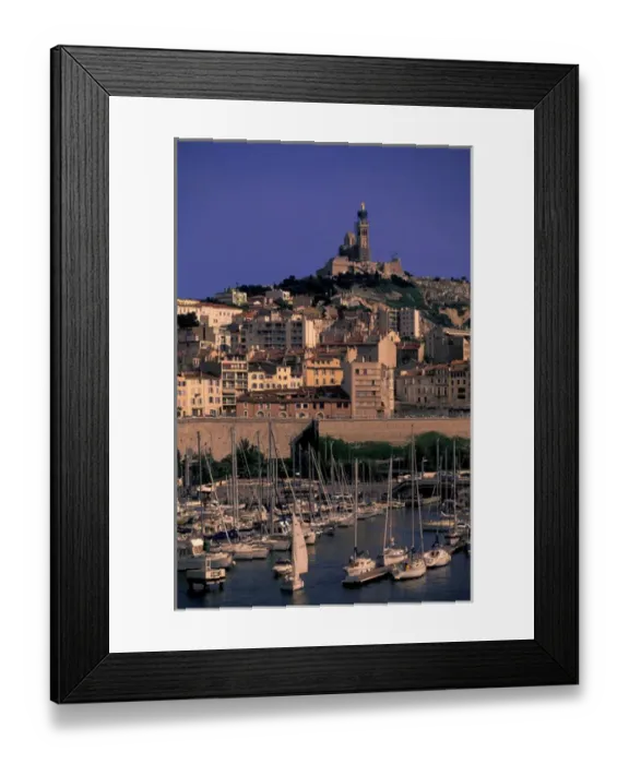 Framed Print : France, Marseille, Provence. View of port and Basillica Notre Dame de la Garde