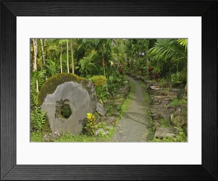 Framed Print : Yap. Stone money marks entrance to village