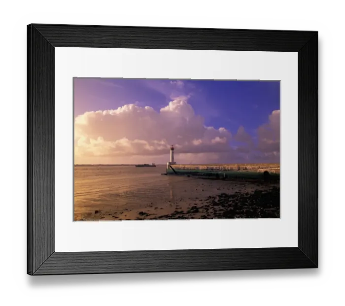 Framed Print : EU, France, Brittany, Loire Atlantique, St. Nazaire, St. Nazaire Lighthouse and Freighter