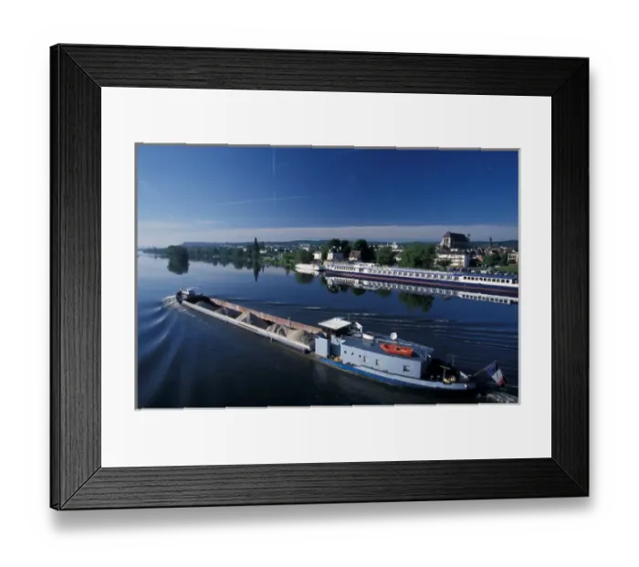 Framed Print : EU, France, Normandy, Eure, Vernon. Seine River Traffic from Pont Clemenceau