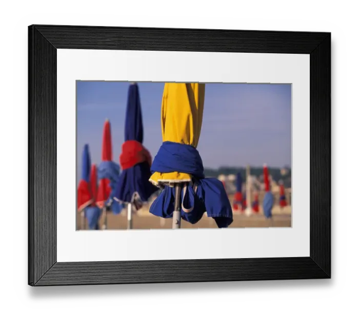 Framed Print : EU, France, Normandy, Calvados, Deauville. Promenade des Planches Beach, Beach Umbrellas