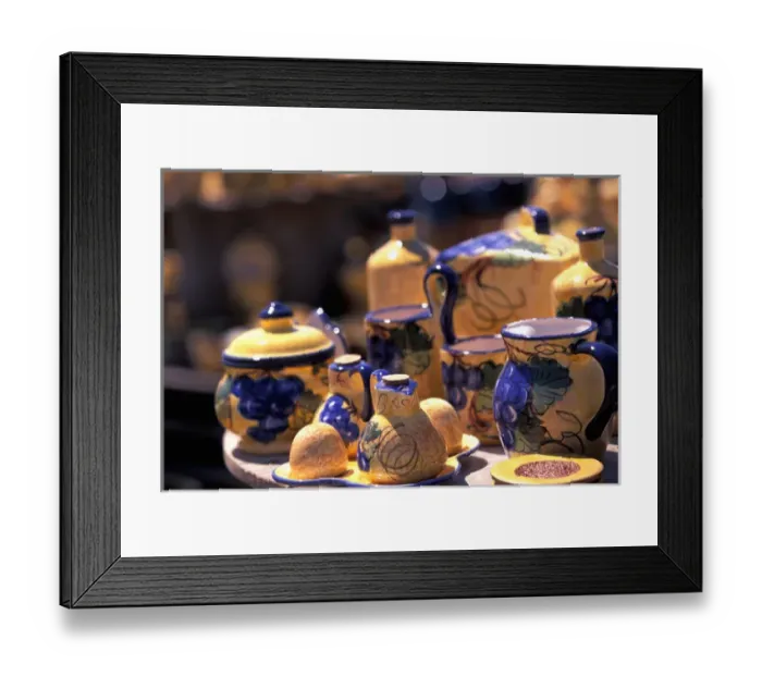 Framed Print : EU, France, Provence, Gard, Aigues-Mortes. Pottery shop in open-air market