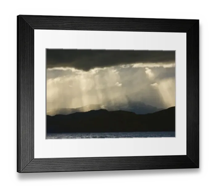 Framed Print : South America, Chile, Torres del Paine National Park. A curtain of rain creates crepuscular Framed Print : South America, Chile, Torres del Paine National Park. A curtain of rain creates crepuscular