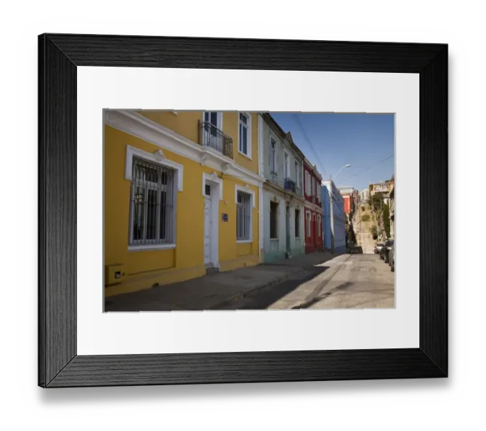 Framed Print : South America, Chile, Valparaiso. Colorful houses line a street. (UNESCO World Heritage Framed Print : South America, Chile, Valparaiso. Colorful houses line a street. (UNESCO World Heritage