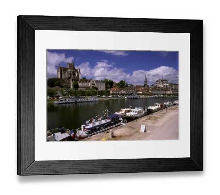Framed Print : Europe, France, Burgundy, Auxerre. View of Cathedral and Yonne River barges