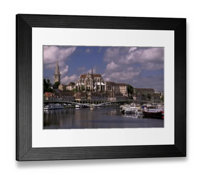 Framed Print : Europe, France, Burgundy, Auxerre. View of the Cathedral and Yonne River barges