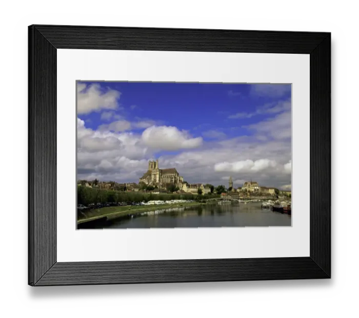 Framed Print : Europe, France, Burgundy, Yonne, Auxerre. View of Cathedral and Yonne River barges