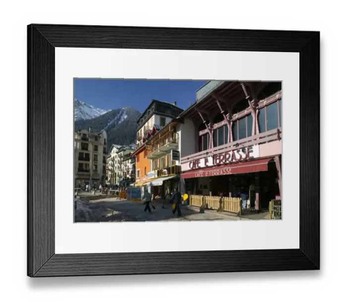 Framed Print : FRANCE-French Alps (Haute-Savoie)-CHAMONIX-MONT-BLANC: Downtown Cafe  /  Winter