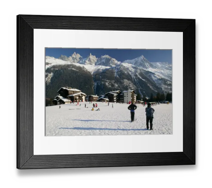 Framed Print : FRANCE-French Alps (Haute-Savoie)-CHAMONIX-MONT-BLANC: Skiers (NR) and Panorama of