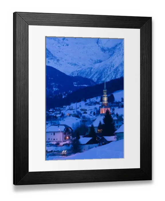 Framed Print : FRANCE-French Alps (Haute-Savoie)-COMBLOUX: Dusk / Evening View of Village and Mont-Blanc (elev Framed Print : FRANCE-French Alps (Haute-Savoie)-COMBLOUX: Dusk / Evening View of Village and Mont-Blanc (elev