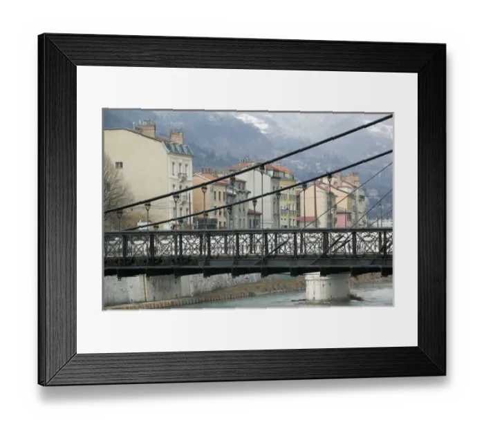 Framed Print : FRANCE-French Alps (Isere)-GRENOBLE: Footbridge on the Isere River  /  Winter