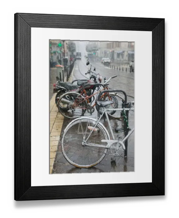 Framed Print : FRANCE-French Alps (Isere)-GRENOBLE: Bikes in the Snow / Place Notre Dame / Winter Framed Print : FRANCE-French Alps (Isere)-GRENOBLE: Bikes in the Snow / Place Notre Dame / Winter