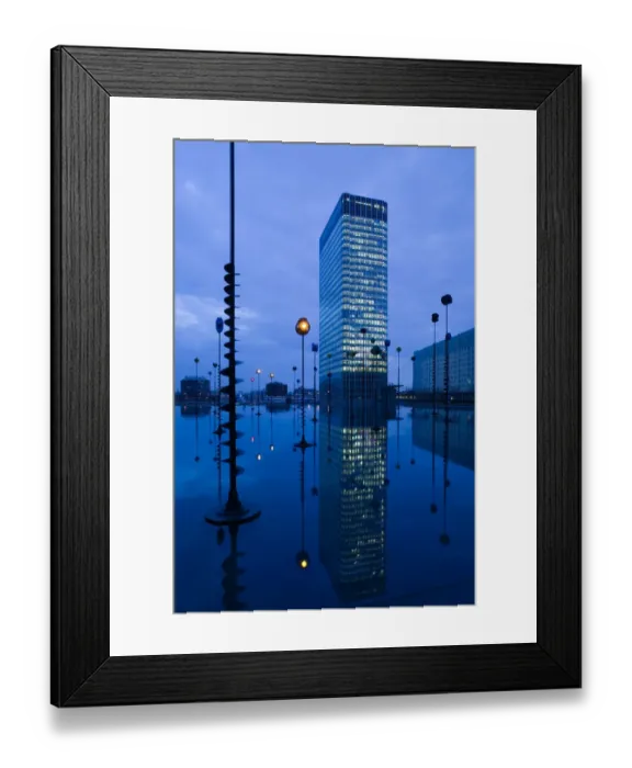 Framed Print : Europe, France, Paris, La Defense: Bassin Takis (Pool) with Nobel Building  /  Evening
