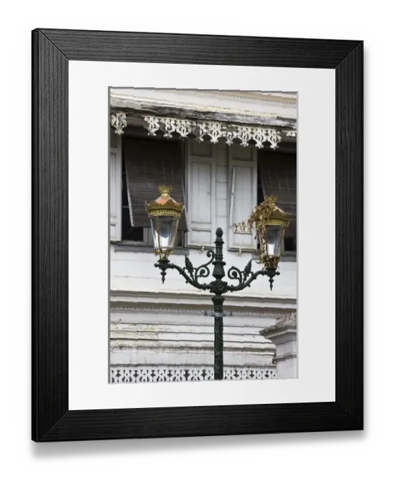 Framed Print : France, Reunion Island, St-Denis, streetlamps and old colonial buildings, Rue de Paris Framed Print : France, Reunion Island, St-Denis, streetlamps and old colonial buildings, Rue de Paris