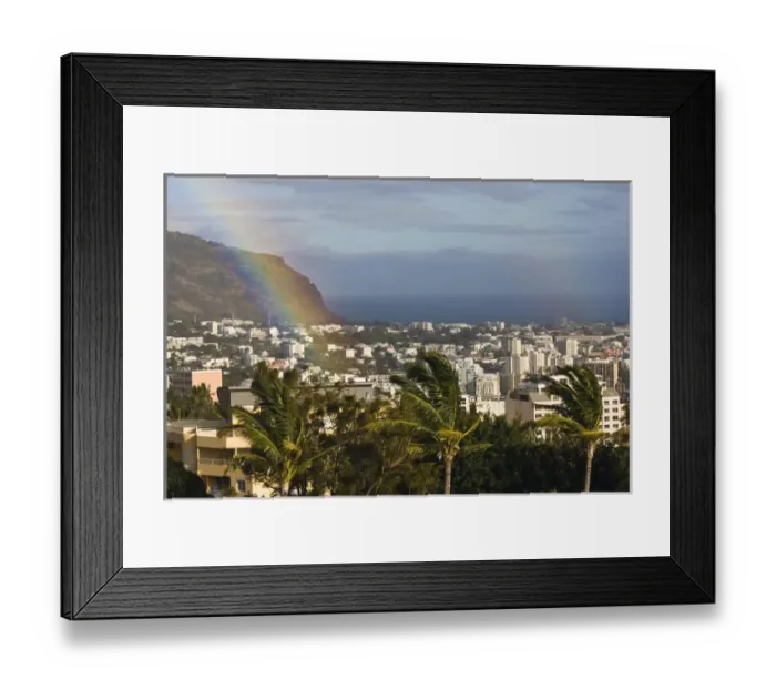 Framed Print : France, Reunion Island, St-Denis, view from Montgalliard, morning with rainbow Framed Print : France, Reunion Island, St-Denis, view from Montgalliard, morning with rainbow