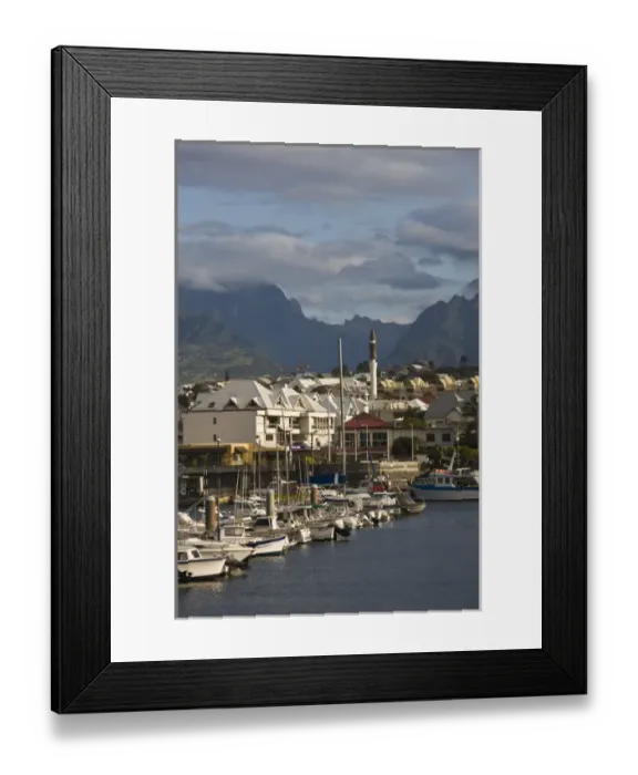 Framed Print : France, Reunion Island, St-Pierre, Harborfront with Cirque de Cilaos mountains in the background Framed Print : France, Reunion Island, St-Pierre, Harborfront with Cirque de Cilaos mountains in the background
