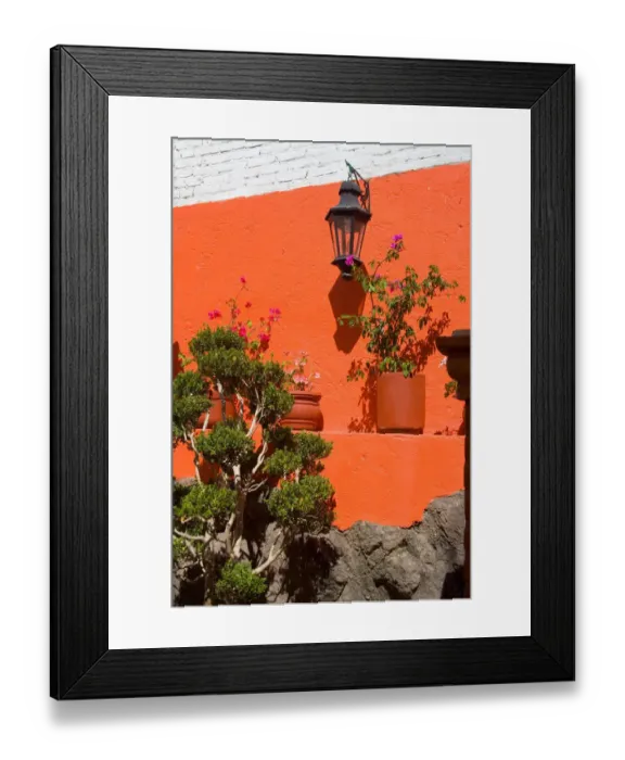 Framed Print : North America, Mexico, Guanajuato. Colorful wall with lantern and potted plants