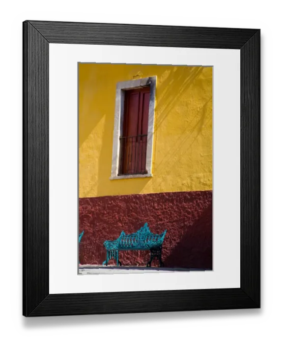 Framed Print : North America, Mexico, Guanajuato. Sitting bench below colorful house Framed Print : North America, Mexico, Guanajuato. Sitting bench below colorful house