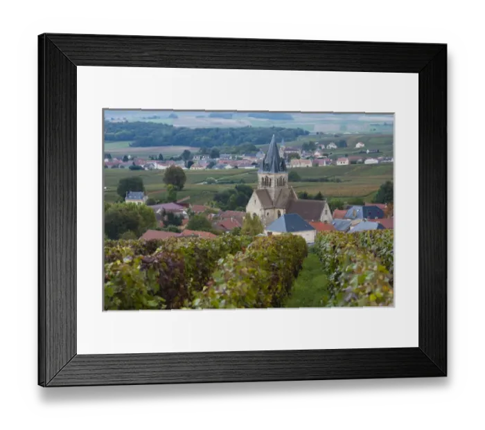 Framed Print : France, Marne, Champagne Ardenne, Ville Dommange, town overview with church and vineyards Framed Print : France, Marne, Champagne Ardenne, Ville Dommange, town overview with church and vineyards