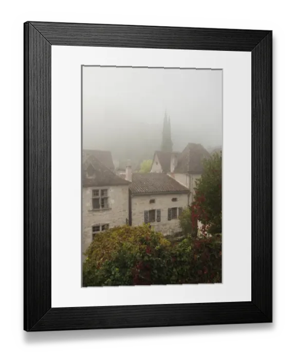 Framed Print : France, Midi-Pyrenees Region, Lot Department, St-Cirq-Lapopie, town overview in fog Framed Print : France, Midi-Pyrenees Region, Lot Department, St-Cirq-Lapopie, town overview in fog