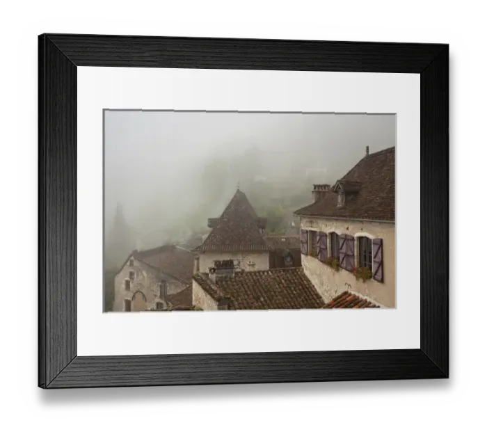Framed Print : France, Midi-Pyrenees Region, Lot Department, St-Cirq-Lapopie, town overview in fog Framed Print : France, Midi-Pyrenees Region, Lot Department, St-Cirq-Lapopie, town overview in fog