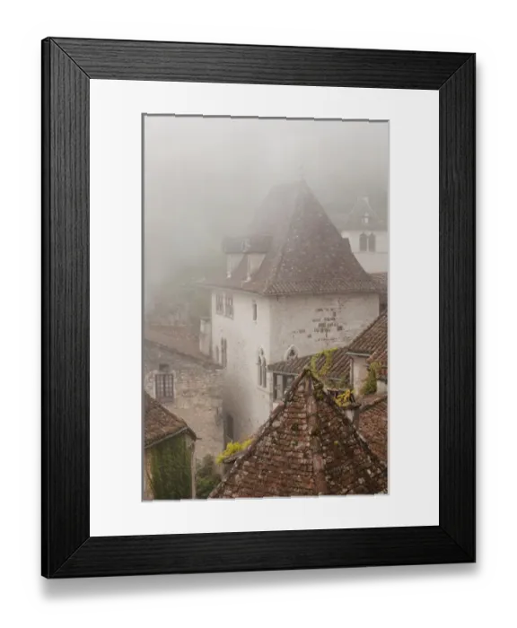 Framed Print : France, Midi-Pyrenees Region, Lot Department, St-Cirq-Lapopie, town overview in fog Framed Print : France, Midi-Pyrenees Region, Lot Department, St-Cirq-Lapopie, town overview in fog