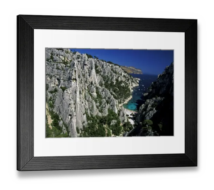 Framed Print : France, Provence, Bouches-du-Rhone. Cassis. Calanque d En-Vau, coastal valley Framed Print : France, Provence, Bouches-du-Rhone. Cassis. Calanque d En-Vau, coastal valley