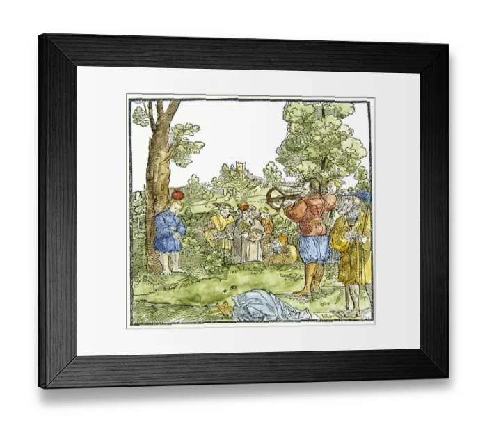 Framed Print : William Tell. Story by Schaufelein. Shooting an apple from his son. 16th cent. engraving Framed Print : William Tell. Story by Schaufelein. Shooting an apple from his son. 16th cent. engraving