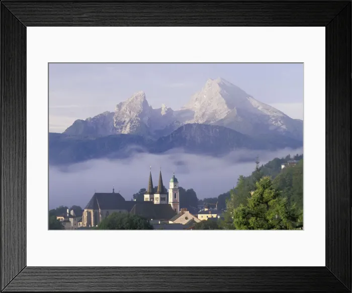 Framed Print : Europe, Germany, Berchtesgaden. Steeples of St. Andrews and St. Peter as mist clears