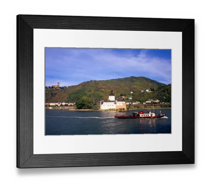 Framed Print : Pfalz Castle and Boats on Rhine River in Gutenfels Kaub Germany Framed Print : Pfalz Castle and Boats on Rhine River in Gutenfels Kaub Germany