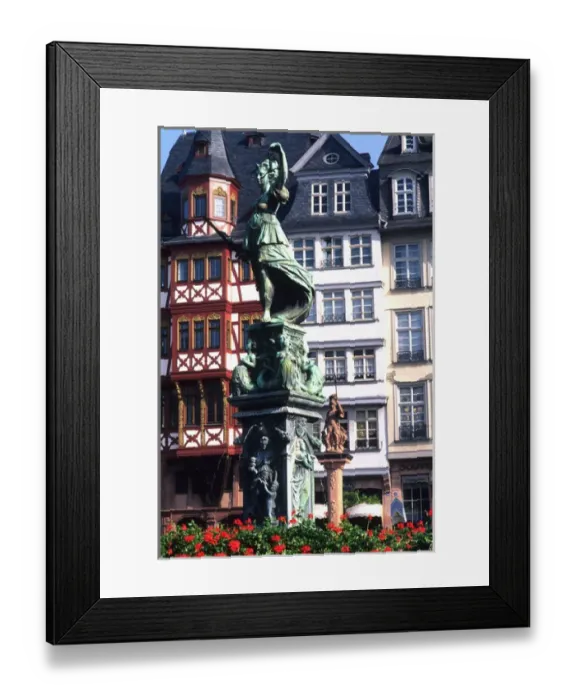 Framed Print : Justice Statue in Famous Romeberg Square Frankfurt Germany