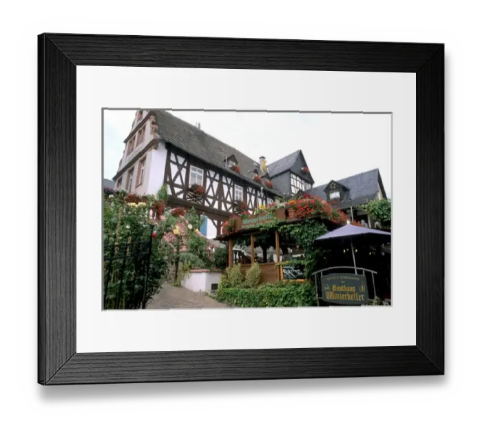 Framed Print : Germany Rudesheim Old Town by Rhine River tourist restaurant Winzerkeller Framed Print : Germany Rudesheim Old Town by Rhine River tourist restaurant Winzerkeller