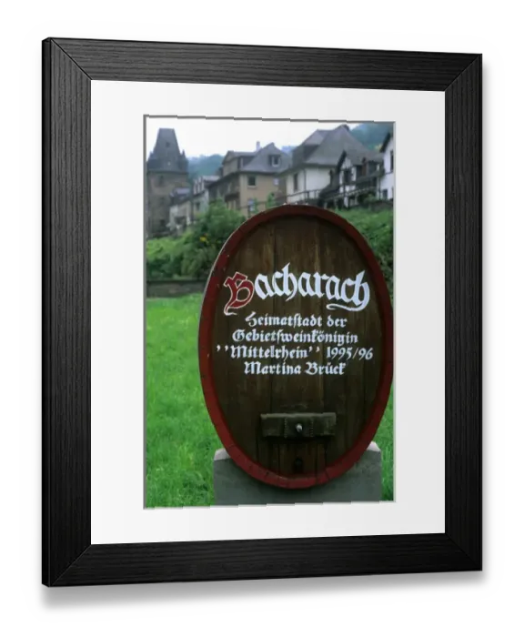 Framed Print : Germany Bacharach famous wine village sign in mountains by Rhine River