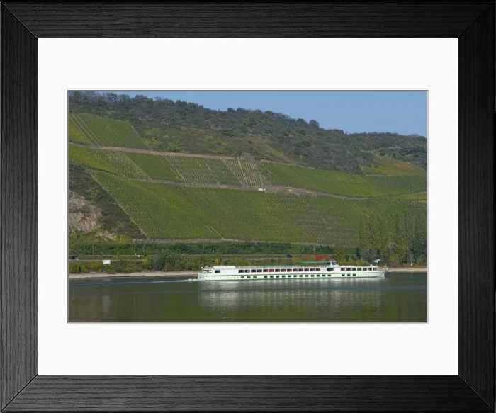 Framed Print : Germany Rhine River Kamp Bornhofen village river cruise ship with vineyards