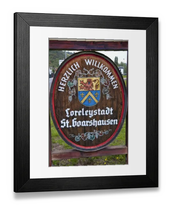 Framed Print : Barrel wine welcome sign of St Goar St Goarhausen Germany wine country on Rghine River Framed Print : Barrel wine welcome sign of St Goar St Goarhausen Germany wine country on Rghine River