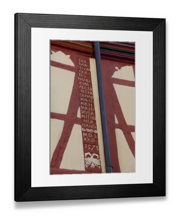 Framed Print : Germany, Franconia, Wertheim. Medieval architectural building detail, historic text Framed Print : Germany, Franconia, Wertheim. Medieval architectural building detail, historic text
