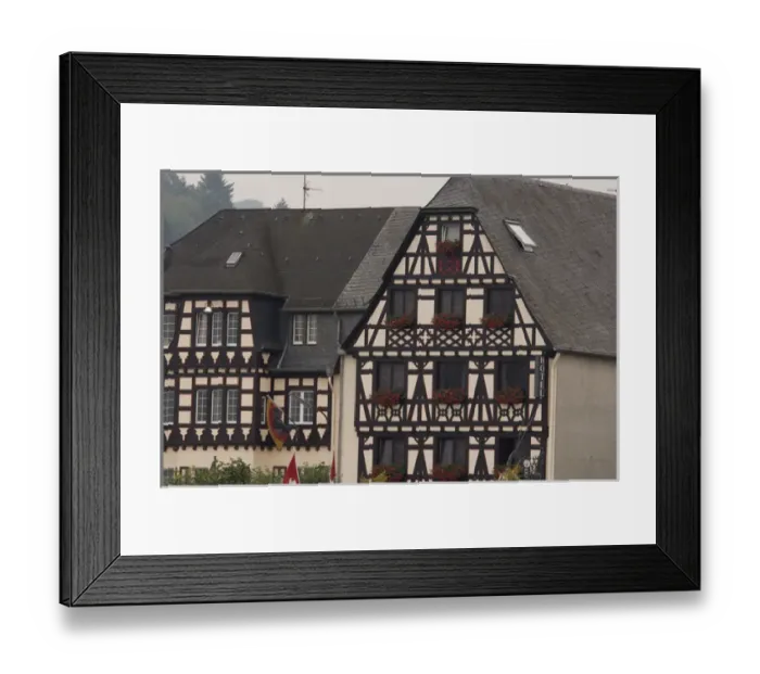 Framed Print : Germany. Typical half-timbered hotel along the Rhine River around Rheineck & Bad Framed Print : Germany. Typical half-timbered hotel along the Rhine River around Rheineck & Bad