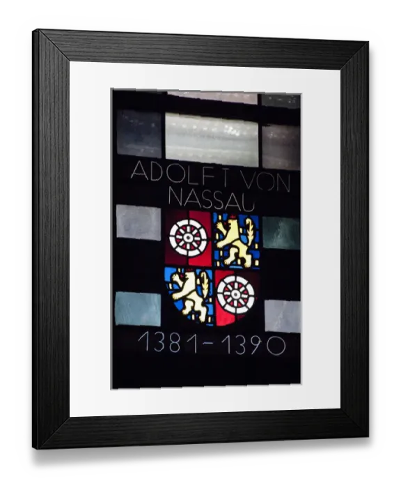 Framed Print : Germany, Rhineland Palatinate, Mainz. Mainz Cathedral. Stained glass windows, Mainz coat of arms