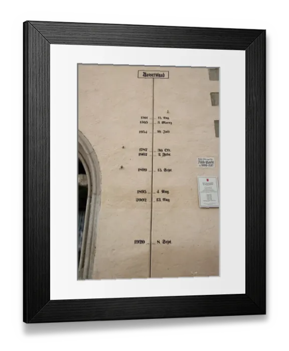 Framed Print : Germany, Passau. High water flood marker on the side wall of the Old Town Hall tower Framed Print : Germany, Passau. High water flood marker on the side wall of the Old Town Hall tower