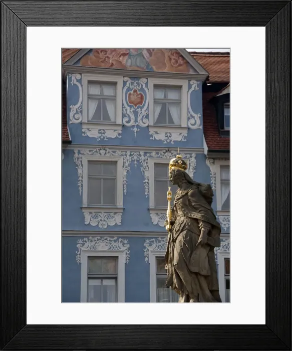 Framed Print : Germany, Bamberg. Royal statue of Kaiserin Kunigund in front of ornate blue & white Framed Print : Germany, Bamberg. Royal statue of Kaiserin Kunigund in front of ornate blue & white